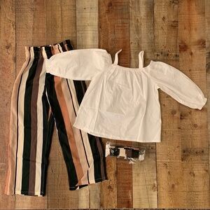 Shein kids striped wide leg pants with belt off the shoulder top in white 6-7YRS